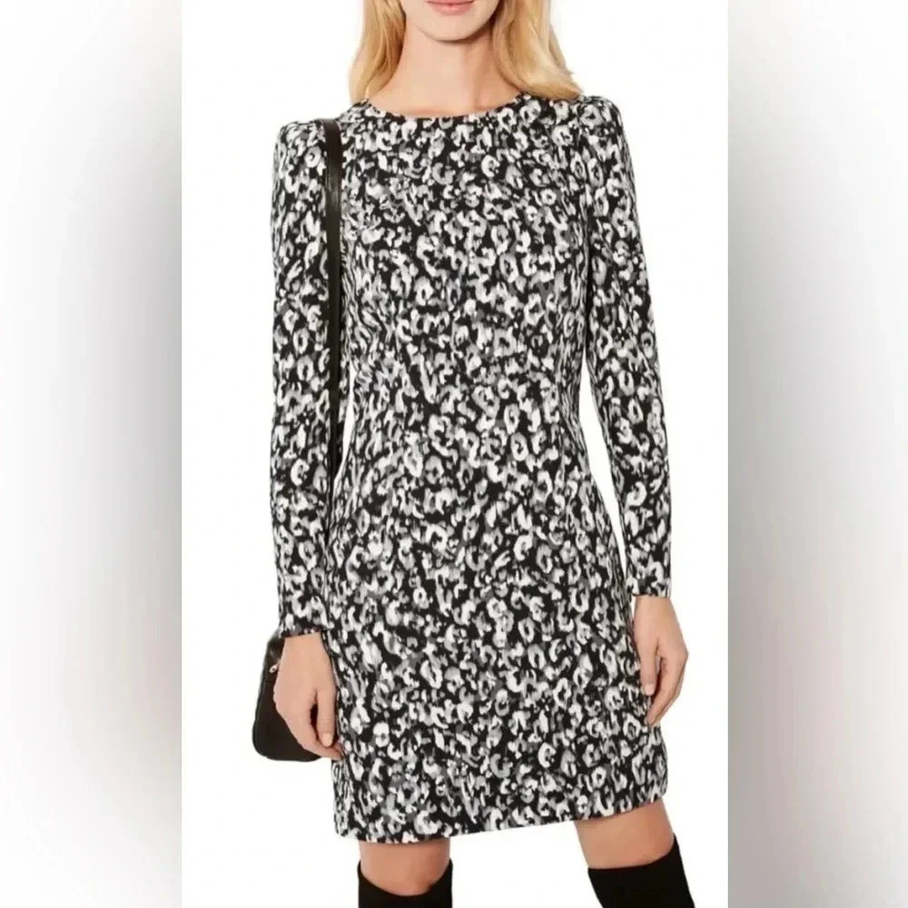 KAREN MILLEN Blurred Leopard Print Satin Long Sleeve Pencil Dress Size 8